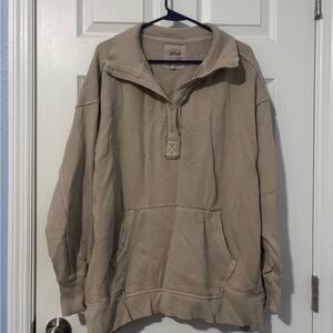 Aerie Beige Button-Up Pullover Sweatshirt